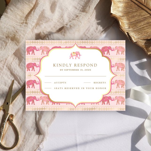 Cartons Réponse Mariage indien Eléphant rose et or (Créateur téléchargé)