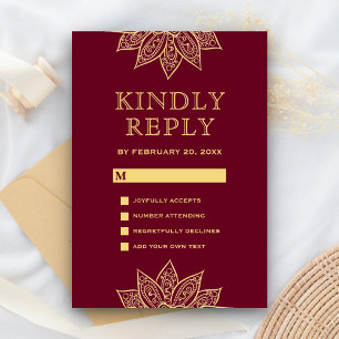 Cartons Réponse Mariage Indien Gold Burgundy Mehendi Henna