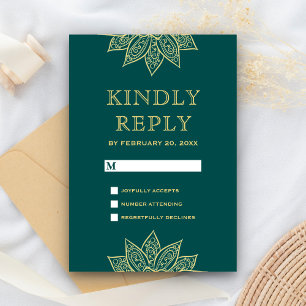 Cartons Réponse Mariage indien Mehendi Henna Vert de mer doré