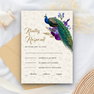Cartons Réponse Mariage indien Royal Blue Floral au thème du paon