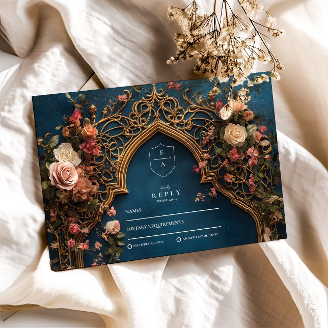 Cartons Réponse Mariage islamique bleu floral de la marine (Créateur téléchargé)