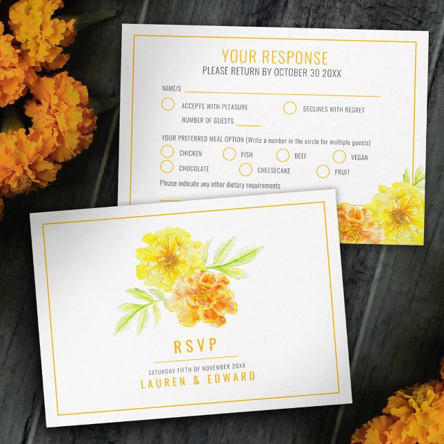 Cartons Réponse Mariage jaune marigold fleurs main aquarelle (Créateur téléchargé)