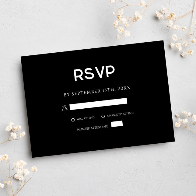 Cartons Réponse Mariage minimal moderne noir (Black Modern Elegant Minimal Wedding RSVP Card)
