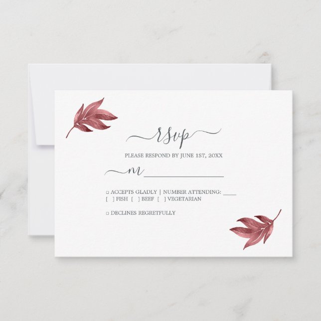 Cartons Réponse Mariage minimal pour feuille de bordeaux chic Scri (Devant)