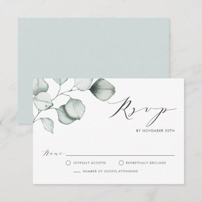 Cartons Réponse Mariage minimaliste Feuille Eucalyptus (Devant / Derrière)