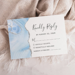 Cartons Réponse Mariage Moderne Bébé Bleu Argent Aquarelle Agate