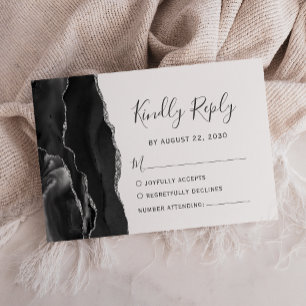Cartons Réponse Mariage moderne Black Silver Agate