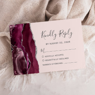 Cartons Réponse Mariage Moderne Bourguignon Argent Agate Rose Tend