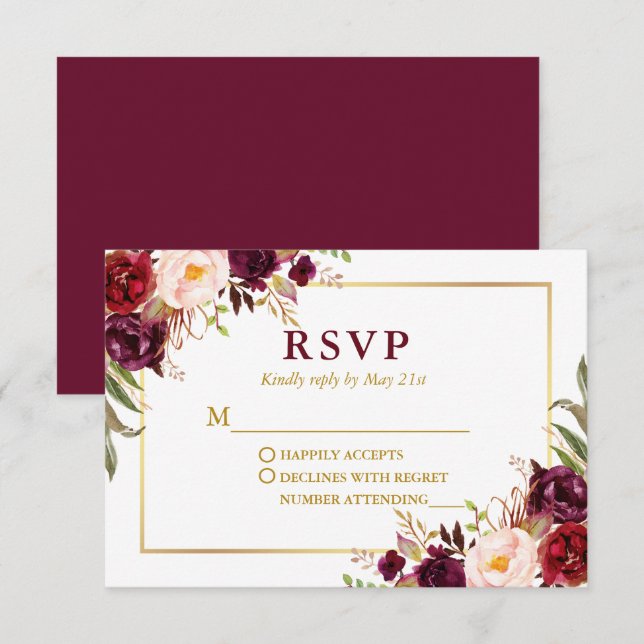 Cartons Réponse Mariage Moderne Élégant Bourguignon Floral Doré (Devant / Derrière)