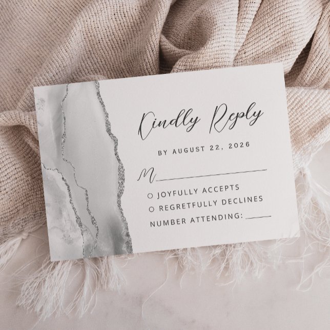 Cartons Réponse Mariage Moderne Script Argent Gris Agate (Créateur téléchargé)