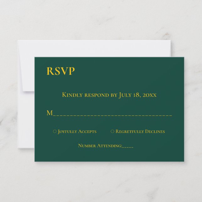 Cartons Réponse Mariage moderne simple Emerald Green Gold Chic (Devant)