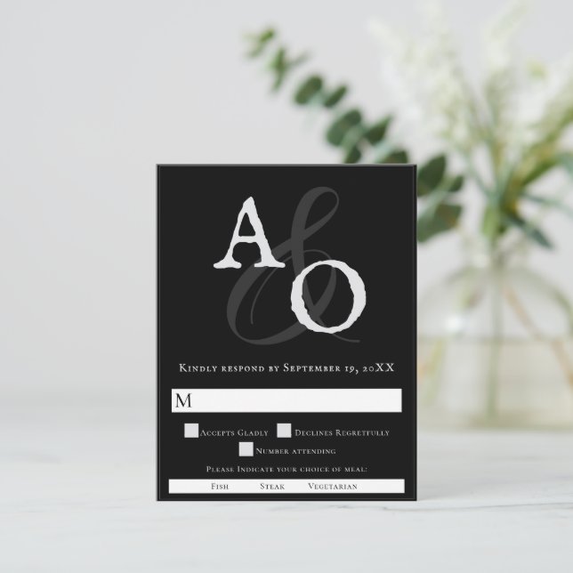 Cartons Réponse Mariage Monogramme minimaliste noir (Debout devant)