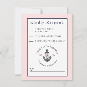 Cartons Réponse Mariage nautique Ancre florale bleu marine rose