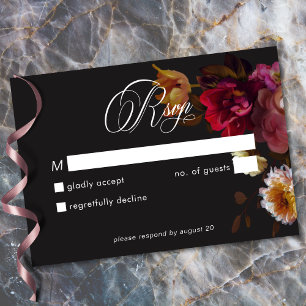 Cartons Réponse Mariage Noir Floral Painterly Rouge Bourgogne
