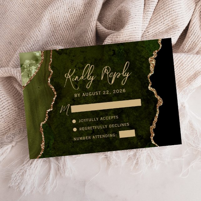 Cartons Réponse Mariage Olive Verte Agate Or Script (Créateur téléchargé)