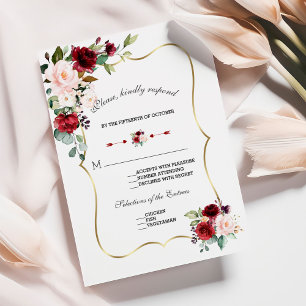 Cartons Réponse Mariage or aux fleurs bleues bordeaux uniques