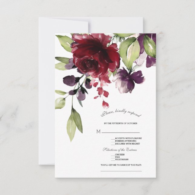 Cartons Réponse Mariage or aux fleurs bleues bordeaux uniques (Devant)