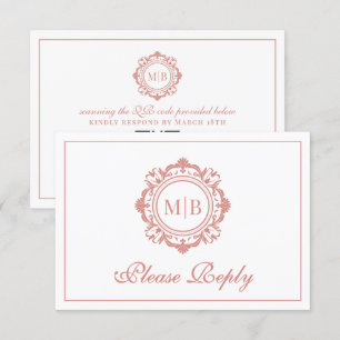 Cartons Réponse Mariage or Rose de monogramme floral orné