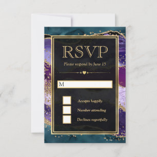 Cartons Réponse Mariage Pailleté Agate Sarcelle, Violet et Or