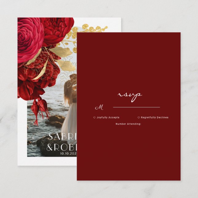 Cartons Réponse Mariage photo Burgundy Gold Floral Arch (Devant / Derrière)