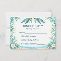 Mariage Plage Tortue de Mer Aquarelle Bleue Verte