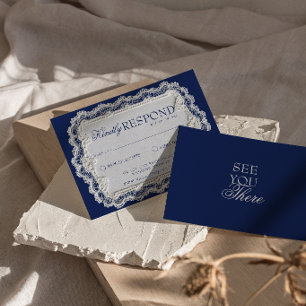 Cartons Réponse Mariage rétro élégant en dentelle bleu marine vint