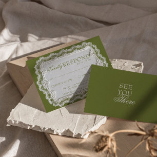 Cartons Réponse Mariage rétro fantaisie en dentelle vert olive vin