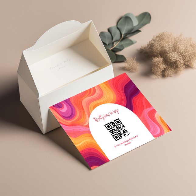 Cartons Réponse Mariage rétro funky avec arche rose et orange (Créateur téléchargé)