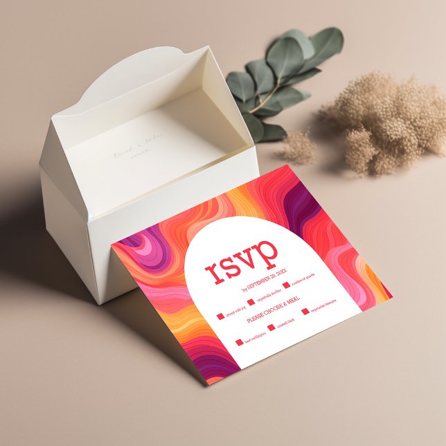 Cartons Réponse Mariage rétro funky avec arche rose et orange (Créateur téléchargé)