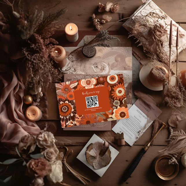 Cartons Réponse Mariage rétro groovy orange brûlé floral (Créateur téléchargé)