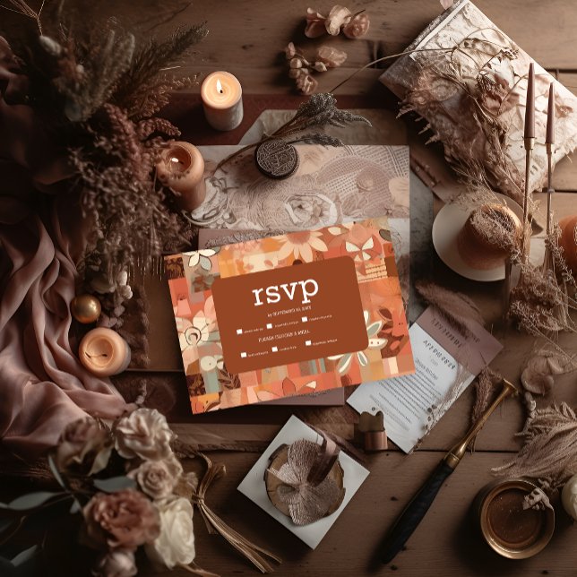 Cartons Réponse Mariage rétro groovy orange brûlé floral (Créateur téléchargé)