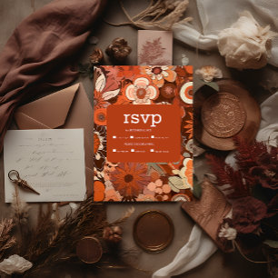 Cartons Réponse Mariage rétro groovy orange floral brûlé