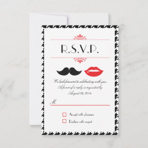 Cartons Réponse Mariage Rouge, Noir & Blanc Moustache & Lèvres en 