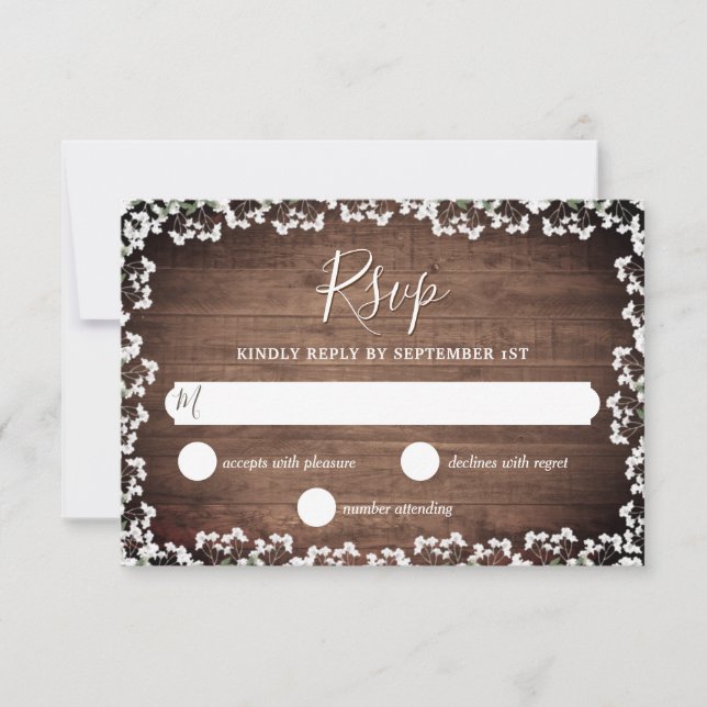Cartons Réponse Mariage Rustic Baby's Breath on Dark Wood (Devant)