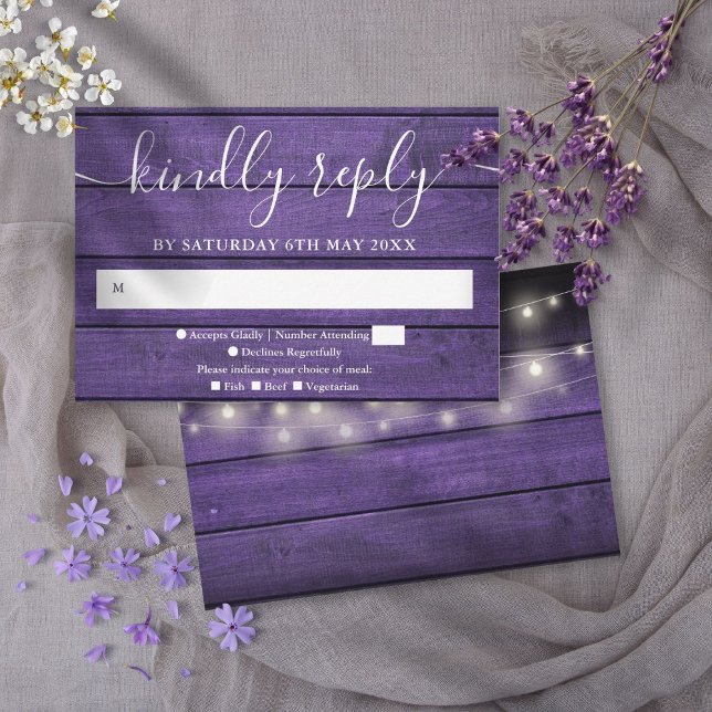 Cartons Réponse Mariage Rustique à cordes de bois violet (Rustic Purple Wood String Lights Wedding RSVP Card)
