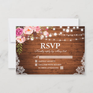 Cartons Réponse Mariage rustique Bois Lumières Florales dentelle R