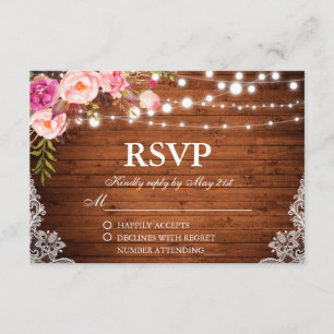 Cartons Réponse Mariage rustique Bois Lumières Florales dentelle R
