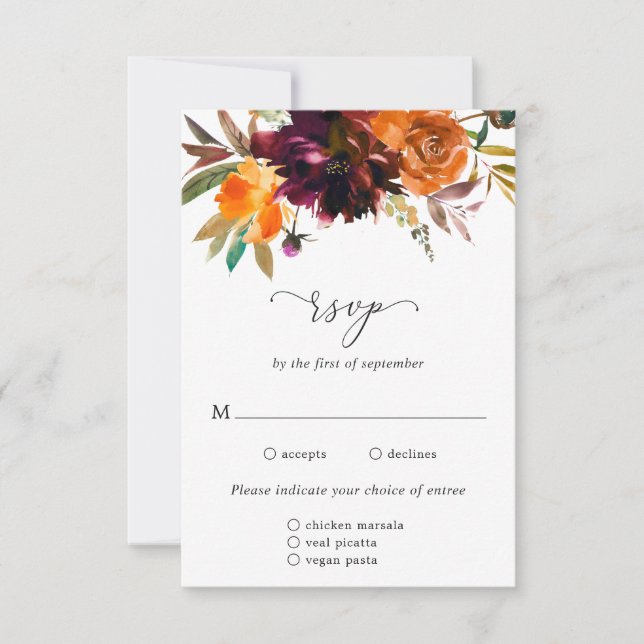 Cartons Réponse Mariage rustique floral orange brûlé burgundy (Devant)