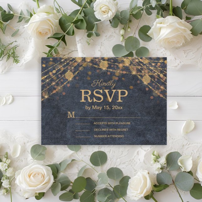 Cartons Réponse Mariage Rustique Glam Bleu Nuit Or (Rustic glam navy blue gold string lights wedding RSVP card)