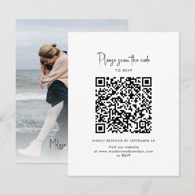 Cartons Réponse Mariage Script de code QR de photo moderne (Devant / Derrière)