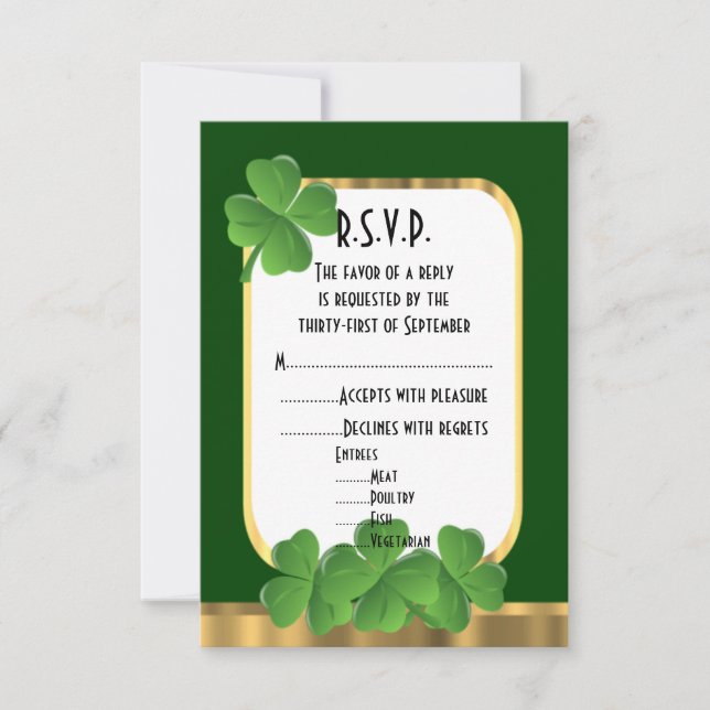 Cartons Réponse Mariage shamrock irlandais vert or R.S.V.P (Devant)