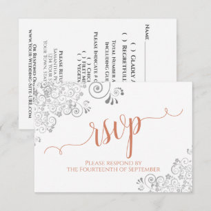 Cartons Réponse Mariage Silver & Coral sur fond blanc écriture élé