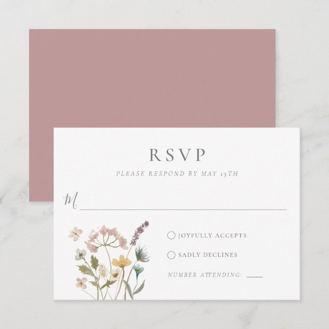 Cartons Réponse Mariage simple aquarelle délicate Fleurs pressées (Devant / Derrière)