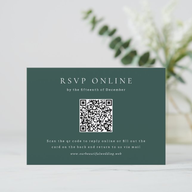 Cartons Réponse Mariage Simple Code QR Vert Émeraude Classique (Debout devant)