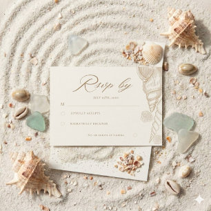 Cartons Réponse Mariage sur la Côte Blanc avec Coquilles Dorées