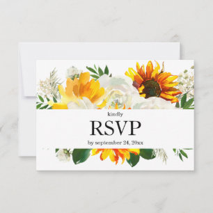 Cartons Réponse Mariage Tournesol & Fleurs Blanches avec Option de
