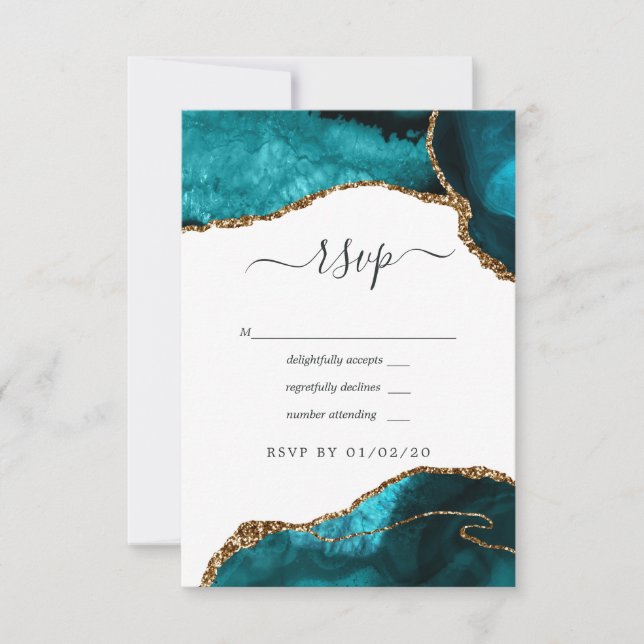 Cartons Réponse Mariage Turquoise et Agate Dorée (Devant)