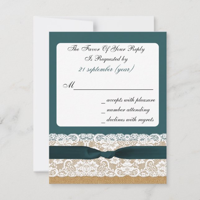 Cartons Réponse Mariage turquoise Lace et Burlap (Devant)