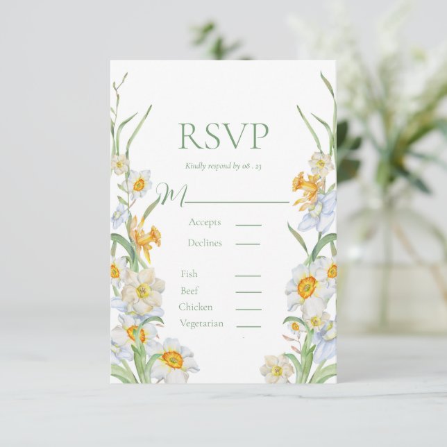 Cartons Réponse Mariage vert de la jonquille blanche et jaune (Debout devant)