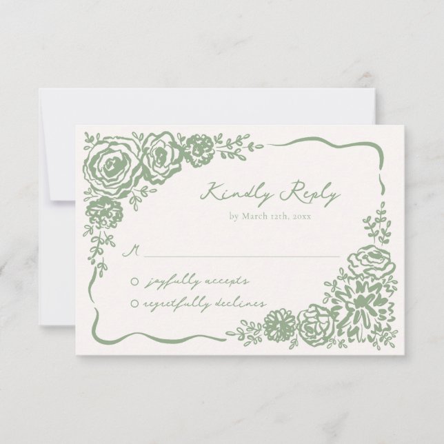 Cartons Réponse Mariage vert de l'aile blanche dessinée à la main (Devant)
